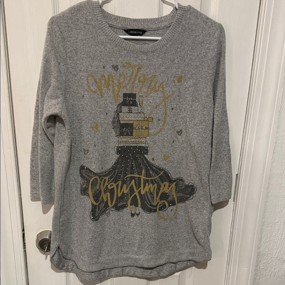 Gray Christmas Sweater with Gold Accents